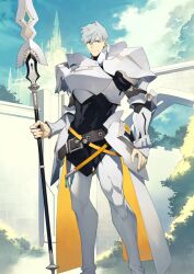 1boy abs arm_armor arm_at_side armor belt belt_buckle black_bodysuit blue_eyes bodysuit boots bracer breastplate brown_belt brown_sleeves buckle closed_mouth covered_abs fate/grand_order fate_(series) feet_out_of_frame game_cg gorget grey_hair hair_between_eyes hand_up high_collar holding holding_polearm holding_weapon legs_apart longinus_(weapon)_(fate) looking_at_viewer male_focus official_art pauldrons percival_(fate) polearm shiramine_(srmn09) short_hair shoulder_armor smile solo spear standing thigh_boots third-party_source toned toned_male variant_set waist_cape weapon white_boots