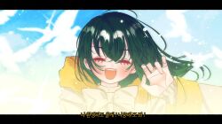 Rule 34 | 1girl, blue sky, green hair, hand wave, happy, highres, hood, korean text, long hair, long sleeves, mabinogi, ribbon, sana hias, sky, tanilliem (mabinogi)