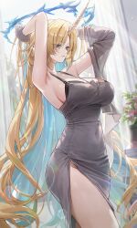 1girl absurdres alternate_costume arms_up bare_shoulders black_bra blonde_hair blue_eyes blue_hair blurry blurry_background bra breasts closed_mouth collarbone colored_inner_hair commentary covered_navel cowboy_shot crown_of_thorns dongtan_dress dress earrings fleurdelys_(wuthering_waves) floating_earrings grey_dress highres horns indoors jewelry large_breasts long_hair long_horns looking_ahead meme_attire meoyo multicolored_hair pointy_ears side_slit single_horn solo tacet_mark_(wuthering_waves) thighs underwear very_long_hair wuthering_waves yellow_horns
