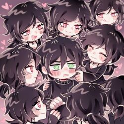 1boy 1girl :3 :d :q @_@ andrew_graves ashley_graves bags_under_eyes black_choker black_hair black_sweater blush breasts brother_and_sister cheek_pull chibi chibi_only choker cleavage clone clone_harem closed_eyes closed_mouth constricted_pupils eyelashes felichiii flustered frown gradient_background green_eyes hair_between_eyes hand_on_another&#039;s_shoulder hand_up heart hetero highres incest long_hair long_sleeves looking_at_another low_ponytail lower_teeth_only meme messy messy_hair multiple_persona open_mouth parted_bangs pendant_choker pink_background pink_eyes ponytail raised_eyebrows rectangular_mouth short_hair siblings sleeves_past_wrists smile sonic_surrounded_by_amy_plush_dolls_(meme) surrounded sweater teeth the_coffin_of_andy_and_leyley tongue tongue_out too_many_clones twitter_username v-shaped_eyebrows