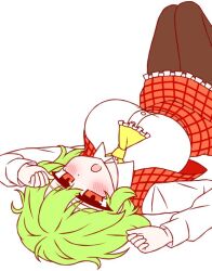 1girl ascot blush breasts brown_pantyhose collared_shirt commentary_request feet_out_of_frame frilled_skirt frills green_hair hair_between_eyes kazami_yuuka ketsumaimo large_breasts long_sleeves looking_at_viewer lying on_back open_clothes open_mouth open_vest pantyhose plaid_clothes plaid_skirt plaid_vest red_eyes red_skirt red_vest shirt short_hair simple_background skirt skirt_set solo touhou vest white_background white_shirt yellow_ascot