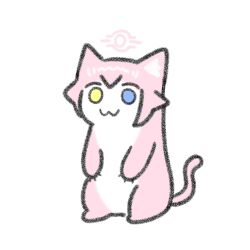 1girl :3 animalization blue_archive ferret full_body halo heterochromia highres hoshino_(blue_archive) looking_at_viewer no_humans pink_fur pink_halo pink_tail simple_background smile solo srsrr standing tail v_arms weasel weasel_tail white_background white_fur