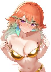 1girl absurdres bikini blush breasts commentary earrings english_commentary feather_earrings feathers gold_bikini gradient_hair green_hair helldeer highres hololive hololive_english jewelry large_breasts long_hair looking_at_viewer multicolored_hair navel orange_hair purple_eyes simple_background smile solo swimsuit takanashi_kiara virtual_youtuber white_background