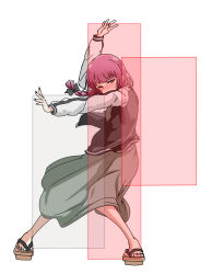 arima_miyako black_bow black_jacket black_nails bocchi_the_rock! bow braid dress fighting_game geta green_dress hair_over_shoulder hiroi_kikuri hitbox jacket melty_blood multicolored_jacket purple_hair simple_background single_braid solo tetsuzankou torako_(toramaru) tsukihime two-tone_jacket white_background white_jacket