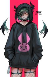 Rule 34 | 1girl, absurdres, black hair, black sclera, censored, censored text, colored sclera, cross, cross hair ornament, demon girl, demon horns, ehrrr, electronic cigarette, fishnet thighhighs, fishnets, garter straps, hair ornament, hair over one eye, highres, hood, hood up, hoodie, horns, horns through hood, inverted cross, looking at viewer, misery-chan (ehrrr), mouth hold, original, short hair, solo, speech bubble, thighhighs, two-tone background, wings, yellow eyes