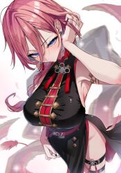 1girl armlet black_dress blue_eyes blush breasts closed_mouth dress earrings feathers flower_earrings groin hair_between_eyes highres hololive huge_breasts jewelry long_hair looking_at_viewer omoti_(1201208) pink_hair simple_background solo takane_lui takane_lui_(5th_costume) tassel thigh_strap thighs white_background
