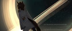 1girl absurdres agnes_tachyon_(umamusume) animal_ears back black_hole brown_hair english_text from_behind gravitational_lens highres horse_ears horse_girl horse_tail lab_coat long_sleeves medium_hair shuuko_(s_h_uuko) sleeves_past_fingers sleeves_past_wrists solo space tail test_tube test_tube_holster umamusume wikipedia