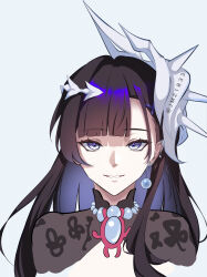 1girl black_hair blue_background blue_eyes blunt_bangs brooch earrings grin hair_ornament highres honkai:_star_rail honkai_(series) hysilens_(honkai:_star_rail) jewelry long_hair looking_at_viewer portrait shrug_(clothing) simple_background smile solo yabatanien_(jm21833)