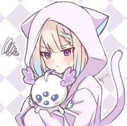 1girl aloupeep_(enna_alouette) animal_hood aqua_hair artist_name blonde_hair blush braid cat_hood cat_tail commentary daikon_keroi enna_alouette fake_tail hashtag-only_commentary highres hood hood_up multicolored_hair nijisanji nijisanji_en pout signature solo_focus streaked_hair sweatdrop tail virtual_youtuber