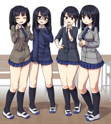 4girls arms_under_breasts black_hair black_socks blush breasts classroom closed_eyes glasses hand_on_own_hip highres interlocked_fingers kneehighs large_breasts long_hair long_sleeves looking_at_viewer maruput medium_breasts multiple_girls necktie open_mouth original school_uniform shoes sleeves_past_wrists socks thighs twintails uwabaki