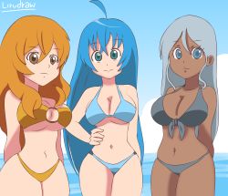 Rule 34 | 3girls, absurdres, alice gehabich, alternate breast size, arms behind back, artist name, bakugan, beach, bikini, blue hair, breasts, brown eyes, cleavage, dark-skinned female, dark skin, front-tie bikini top, front-tie top, green eyes, grey hair, hand on own hip, highres, julie heyward, large breasts, legs, long hair, looking at viewer, misaki runo, multiple girls, navel, ocean, orange hair, ponytail, smile, swimsuit, thick thighs, thighs, underboob, water
