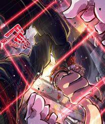 2boys absurdres artist_name black_jacket black_pants city cityscape colored_skin crazy_smile cursed_energy_(jujutsu_kaisen) cursed_spirit_(jujutsu_kaisen) evil_smile facial_mark facial_tattoo fergoart fighting finger_gun grey_skin highres jacket jogo_(jujutsu_kaisen) jujutsu_kaisen jujutsu_tech_uniform lightning magic male_focus midair multiple_boys pants pink_hair pointing pointing_at_viewer pov pov_hands red_hood red_lightning ryoumen_sukuna_(jujutsu_kaisen) school_uniform smile sparkle tattoo torn_clothes twitter_username
