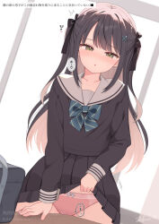 1girl black_bow black_hair black_shirt black_skirt blonde_hair blue_bow blue_bowtie blush bow bowtie classroom clothed_masturbation colored_inner_hair crotch_rub desk diagonal-striped_bow female_masturbation green_eyes hair_ornament indoors lifting_own_clothes long_hair long_sleeves looking_at_viewer masturbation multicolored_hair original panties pink_panties sailor_collar school_desk school_uniform shirt skirt solo speech_bubble table_humping underwear uramakaron white_sailor_collar