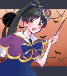 1girl :d alternate_costume black_hair blue_bow blue_bowtie blue_dress blush bow bowtie capelet commentary dress hair_bow halloween_costume hano_(hazuki_x_x) hazuki_ren high_ponytail highres holding holding_wand long_hair looking_at_viewer love_live! love_live!_superstar!! open_mouth orange_background ponytail purple_capelet short_sleeves simple_bird smile solo sparkle unmoving_pattern upper_body wand yellow_eyes
