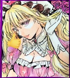 1girl akaioringo2023 blonde_hair breasts cleavage dress hat long_hair mob_cap photo_(medium) purple_dress purple_eyes shikishi solo touhou traditional_media upper_body white_hat yakumo_yukari