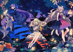 3girls ahoge animal_ears atalanta_(fate) atalanta_alter_(fate) black_hair blonde_hair blue_eyes breasts bug butterfly cat_ears colored_extremities dress fate/grand_order fate_(series) flower full_body gradient_hair green_eyes grey_hair hair_ornament hair_ribbon holding holding_flower insect keishin lily_pad long_hair looking_at_viewer marie_antoinette_(fate) marie_antoinette_alter_(fate) meltryllis_(fate) multicolored_hair multiple_girls night official_art promotional_art prosthesis prosthetic_leg purple_hair ribbon second-party_source shoes sitting sleeves_past_fingers sleeves_past_wrists smile standing standing_on_one_leg tree twintails very_long_hair yellow_eyes