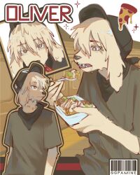 00pamine 1boy animal_ears bandana bandana_around_neck barcode baseball_cap blonde_hair body_fur brown_eyes brown_shirt character_name dog_boy dog_ears drooling eating food furry furry_male hat highres male_focus mouth_drool multiple_views original pizza shirt short_hair yellow_fur