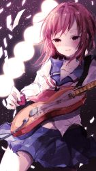 Rule 34 | 1girl, angel beats!, blue sailor collar, blue skirt, blush, commentary request, guitar, highres, instrument, iwasawa masami, long sleeves, miniskirt, mixed-language commentary, music, navel, playing instrument, pleated skirt, red eyes, red hair, sailor collar, school uniform, serafuku, shinda sekai sensen uniform, shirt, short hair, skirt, smile, solo, sotsunaku, twitter username, white shirt