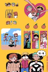 1girl 2boys ? anger_vein artist_name bare_shoulders beer_mug black_bodysuit black_hair black_pants blue_jacket blue_shorts blue_sky bodysuit boned_meat brown_footwear character_name chibi chibi_inset closed_eyes cloud cloudy_sky coat commentary cup driving facial_scar finger_to_own_nose food froagie fruit fur-trimmed_shorts fur_trim green_hair grin hat headphones heart holding holding_map holding_money jacket leotard log_pose long_hair looking_at_viewer mandarin_orange map meat miniskirt money monkey_d._luffy mug multiple_boys nami_(one_piece) nami_(one_piece)_(east_blue) nami_(one_piece)_(egghead) official_alternate_costume one_eye_closed one_piece open_mouth orange_hair outdoors pants parted_lips red_coat red_vest roronoa_zoro sandals scar scar_on_cheek scar_on_face shirt short_hair shorts sitting skirt sky smile steering_wheel straw_hat straw_hat_pirates striped_clothes striped_shirt sweatdrop symbol-only_commentary tongue tongue_out two-tone_shirt v-neck vest watermark wavy_hair white_leotard white_shirt yellow_background