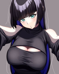 Rule 34 | 1girl, aqua eyes, barbell piercing, bigthirteen0301, black dress, blush, bocchi the rock!, breasts, closed mouth, colored inner hair, dress, ear piercing, eyes visible through hair, frown, grey background, hair between eyes, highres, hime cut, industrial piercing, labret piercing, large breasts, lip piercing, long hair, looking at viewer, multicolored hair, pa-san, piercing, reaching, reaching towards viewer, simple background, sleeveless, sleeveless dress, sleeveless turtleneck, solo, straight hair, sweater, turtleneck, turtleneck sweater, very long hair