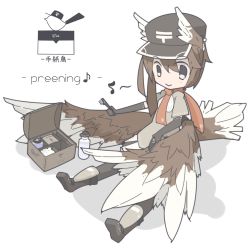 Rule 34 | 1girl, :&gt;, bird tail, bottle, box, brown hair, elbow gloves, female focus, gloves, grey eyes, hat, head wings, ibis1, japanese postal mark, monster girl, musical note, original, preening, quaver, scarf, shin guards, short hair, short hair with long locks, simple background, sitting, solo, spoken musical note, tail, white background, wings