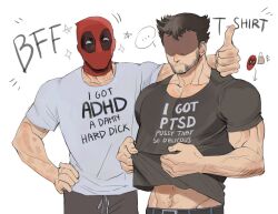 2boys bara belt black_belt black_hair black_pants black_shirt deadpool deadpool_&amp;_wolverine english_text facial_hair highres large_pectorals male_focus mask multiple_boys muscular muscular_male pants pectorals shirt short_hair stvdm thumbs_up white_shirt wolverine_(x-men) yaoi