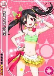 1girl :d \m/ anime_coloring bead_necklace beads bikini black_hair blush bow breasts card_(medium) character_name cleavage earrings flower frilled_bikini frills green_bikini green_nails hair_beads hair_flower hair_ornament hand_on_own_hip hand_up hibiscus jewelry layered_bikini leg_tattoo looking_at_viewer love_live! love_live!_school_idol_festival love_live!_school_idol_project natsuiro_egao_de_1_2_jump! navel necklace nico_nico_nii official_art open_mouth pink_background pink_bow red_eyes red_flower see-through_clothes small_breasts smile solo standing star_(symbol) star_earrings star_tattoo striped_bikini striped_clothes swimsuit tattoo twintails wristband yazawa_nico