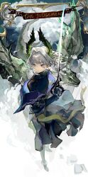 1girl absurdres arknights black_dress black_shirt closed_mouth cloud covered_collarbone dress earrings full_body grey_hair hair_intakes highres holding holding_sword holding_weapon irene_(arknights) irene_(the_adjudicatrix_and_her_resolve)_(arknights) jewelry light_rays light_trail looking_afar looking_to_the_side magic medium_hair off_shoulder official_alternate_costume purple_eyes purple_sailor_collar sailor_collar scar scar_across_eye scar_on_face shirt skin_tight solo standing sword turning_head weapon yezhi_dun_luobei