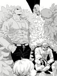 2boys black_pants blonde_hair candy child closed_mouth donquixote_doflamingo earrings eating feather_coat food giving giving_food hands_in_pockets holding holding_candy holding_food jewelry male_focus monochrome multiple_boys muscular muscular_male one_piece open_clothes open_shirt outstretched_arm pants shirt short_hair shuugo_sipda squatting sunglasses trash_can white_shirt