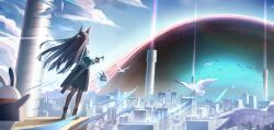 1girl absurdres animal_ears bangboo_(zenless_zone_zero) bird black_hair black_pantyhose black_skirt cloud cloudy_sky fox_ears fox_girl highres holding holding_sword holding_weapon hoshimi_miyabi jacket long_hair moonct outdoors pantyhose skirt sky solo sword weapon zenless_zone_zero