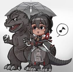 Rule 34 | 1girl, baggy pants, black hair, claws, cosplay, dinosaur, dual persona, genderswap, genderswap (mtf), gloves, godzilla, godzilla (1954 movie), godzilla (cosplay), godzilla (series), grey background, highres, humanization, japanese text, jewelry, leotard, mahari lab, meme, monster girl, musical note, necklace, open mouth, pants, personification, photo-referenced, pointy ears, rope, sharp teeth, short hair, simple background, speech bubble, spikes, tail, teeth, toho, tongue, trilobite, umbrella