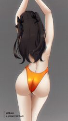 1girl absurdres arms_up ass back black_hair clothing_cutout commentary_request facing_away fate/grand_order fate_(series) from_behind grey_background highres ishtar_(fate) long_hair one-piece_swimsuit orange_one-piece_swimsuit red_eyes simple_background solo swimsuit two_side_up very_long_hair xkzan