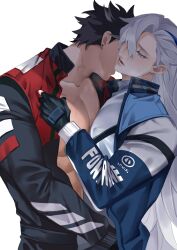 2boys arm_up bare_pectorals black_gloves black_hair blue_eyes collared_jacket commentary curtained_hair earrings english_commentary eyelashes fingerless_gloves genshin_impact gloves hair_over_one_eye highres jacket jewelry long_hair lower_teeth_only male_focus multicolored_hair multiple_boys neuvillette_(genshin_impact) open_mouth pectorals piercing popped_collar short_hair simple_background streaked_hair stud_earrings sushisalmon95 teeth very_long_hair white_background white_hair wriothesley_(genshin_impact) yaoi