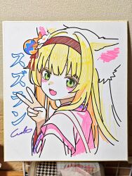 1girl animal_ears arknights blonde_hair fang fox_ears fox_girl green_eyes hairband japanese_clothes kimono long_hair looking_at_viewer official_alternate_costume pink_kimono shikishi skin_fang solo suzuran_(arknights) suzuran_(yukibare)_(arknights) traditional_media v welt_(kinsei_koutenkyoku)