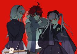 Rule 34 | 1boy, 2girls, ahoge, alternate eye color, black bow, black hair, black hairband, black jacket, black pants, black skirt, bow, buttons, chinese commentary, closed mouth, collared shirt, commentary, corruption, dark persona, grey jacket, grin, hair bow, hairband, highres, hood, hoodie, jacket, jacket over hoodie, kako-g (hundred line), kirifuji nozomi, long hair, long sleeves, multicolored hair, multiple girls, nozomi-g (hundred line), official alternate eye color, open clothes, open jacket, oversized clothes, pants, pingdu494, pink hair, pleated skirt, possessed, possession, purple jacket, raincoat, red background, red eyes, red hair, see-through clothes, see-through raincoat, shirt, short hair, skirt, sleeves past fingers, sleeves past wrists, smile, spoilers, streaked hair, sumino takumi, the hundred line -last defense academy-, tsukumo kako, twintails, two-tone hair, white hair, white hoodie, white shirt
