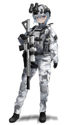 1girl absurdres black-framed_eyewear black_boots black_gloves boots camouflage camouflage_helmet camouflage_pants camouflage_shirt combat_helmet commentary commission english_commentary full_body glasses gloves grey_hair gun helmet highres holding holding_gun holding_weapon long_sleeves military_combat_uniform military_fatigues military_uniform original pants pixiv_commission purple_eyes rynn_(rynn_cube) scope shirt short_hair simple_background snow_camouflage solo standing sweden swedish_army walkie-talkie weapon white_background