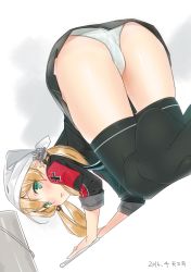 10s 1girl 2016 all_fours ama_mitsuki anchor_hair_ornament aqua_eyes ass black_skirt black_thighhighs blonde_hair bucket cleaning cleaning_rag cross dated dutch_angle female_focus from_behind hair_ornament headscarf iron_cross kantai_collection long_hair looking_back low_twintails military military_uniform miniskirt no_shoes over-kneehighs panties pleated_skirt prinz_eugen_(kancolle) skirt sleeves_rolled_up solo thighhighs thighs twintails underwear white_headscarf white_panties