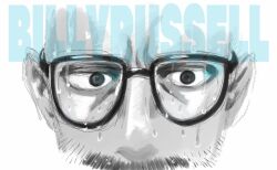 Rule 34 | 1boy, billy russell (dickfish), character request, dickfish (fishismdick), english text, eye focus, facial hair, glasses, greyscale, looking at viewer, male focus, monochrome, mustache, original, sanpaku, sketch, solo, spot color, straight-on, sweat, thick eyebrows