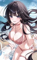 1girl absurdres bare_arms bare_shoulders beach bikini black_hair blue_eyes blunt_bangs breasts choker cleavage commentary cowboy_shot earrings floating_hair glint hair_ornament hairclip highres innertube jewelry large_breasts long_hair looking_at_viewer mole mole_on_breast mole_under_eye multicolored_eyes myowa navel necklace open_mouth original outdoors pink_bikini pink_choker pink_eyes sarong side-tie_bikini_bottom smile solo stomach strap_gap string_bikini swim_ring swimsuit takahashi_minami_(myowa) thigh_strap thighs two-tone_eyes very_long_hair wet