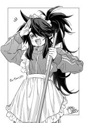 1boy :d apron artist_logo blush broom commentary_request cowboy_shot crossdressing ferea_bimi frilled_apron frills greyscale hair_over_one_eye hand_up highres holding holding_broom jacket jersey_maid logo long_hair long_sleeves maid maid_apron maid_headdress male_focus male_maid mao_(toudou-kun_chi_no_maid_shota) monochrome notice_lines official_art open_mouth screentones sidelocks signature smile solo toudou-kun_chi_no_maid_shota track_jacket trap unconventional_maid zipper_pull_tab