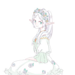 1girl absurdres closed_mouth dress elf floral_print flower forehead frieren from_side green_eyes grey_flower grey_hair grey_rose hair_over_shoulder highres long_hair looking_at_viewer looking_to_the_side parted_bangs pointy_ears print_dress puffy_short_sleeves puffy_sleeves rose seila_rei short_sleeves simple_background smile solo sousou_no_frieren twintails white_background white_dress