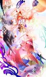 1girl absurdres animal animal_ears bernese_mountain_dog dog dog_ears fate/grand_order fate_(series) flower german_shepherd gloves golden_retriever hair_ornament highres holding husky japanese_clothes kimono kyokutei_bakin_(fate) kyokutei_bakin_(third_ascension)_(fate) long_hair long_sleeves mikotoba-kaede multicolored_kimono multiple_dogs orange_flower orange_hair orange_rose oversized_animal red_eyes rope rose samoyed_(dog) shimenawa smile very_long_hair welsh_corgi white_gloves white_kimono wide_sleeves