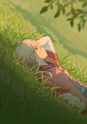 1girl arm_at_side arm_up azusawa_kohane belt belt_buckle blonde_hair blurry buckle buttons collared_jacket commentary_request depth_of_field from_side gradient_eyes grass grey_shirt hair_between_eyes hair_down highres jacket kyline leaf long_sleeves looking_ahead lying medium_hair multicolored_eyes multicolored_jacket no_mouth on_back on_grass open_clothes open_jacket orange_eyes outdoors pink_jacket print_belt print_shirt profile project_sekai shirt shirt_tucked_in solo sunlight text_print upper_body white_belt