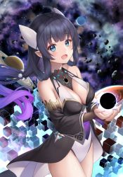 Rule 34 | 1girl, :d, ahoge, asteroid, bare shoulders, black hair, black hole, black sleeves, blue eyes, breasts, bridal gauntlets, cleavage, commentary request, cube, detached sleeves, gradient hair, highres, leotard, long hair, long sleeves, looking at viewer, medium breasts, multicolored hair, open mouth, original, planet, pointy ears, purple hair, smile, solo, space, very long hair, white leotard, wide sleeves, yuririn poi