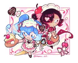 2girls :d apron black_hair black_shoes blue_eyes blue_hair bow cake cake_slice cherry cherry_cola_cookie chibi colored_eyelashes cookie_run cookie_run:_ovenbreak cream_soda_cookie cream_soda_cookie_(desserts_with_love) dress food fruit full_body holding holding_plate holding_weapon long_hair looking_at_viewer maid_headdress multiple_girls official_style open_mouth pink_bow pink_dress pink_ribbon plate puffy_short_sleeves puffy_sleeves red_dress red_eyes red_hair ribbon shoes short_sleeves side_ponytail simple_background smile standing vania_(hemu_03) weapon white_apron white_background