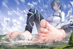 Rule 34 | 1girl, antinomychina, barefoot, black eyes, black hair, black pants, cloud, collared shirt, commission, dress shirt, giant, giantess, highres, long sleeves, mikasa ackerman, no jacket, pants, shingeki no kyojin, shirt, short hair, sitting, solo, white shirt