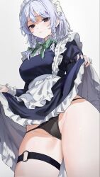 1girl apron belt black_panties blue_dress blue_eyes bow bowtie braid breasts clothes_lift collared_shirt cowboy_shot dress dress_lift green_bow green_bowtie grey_hair hair_bow highres izayoi_sakuya long_sleeves looking_at_viewer maid maid_headdress medium_breasts medium_hair o-ring o-ring_thigh_strap panties sarukana shirt side_braids simple_background solo thigh_belt thigh_strap touhou underwear waist_apron white_apron white_background white_shirt