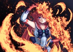 1girl back_bow black_background blue_bow blue_eyes bow breasts brooch choker cosplay covered_navel earrings elbow_gloves fire flaming_sword flaming_weapon gloves hair_bun highres holding holding_sword holding_weapon indie_virtual_youtuber jewelry kisaragi_karen_(vtuber) large_breasts long_hair looking_at_viewer magical_girl red_gloves red_hair red_sailor_collar red_skirt sailor_collar shinokana skirt smile solo star_(symbol) star_choker star_earrings sword twintails variant_set virtual_youtuber weapon