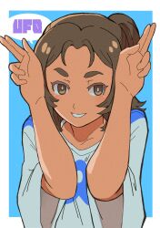 Rule 34 | 1girl, absurdres, brown eyes, brown hair, highres, horns pose, k katora, long hair, looking at viewer, makiba hikaru, mazinger (series), open mouth, shirt, smile, solo, speech bubble, ufo robo grendizer, white shirt, wide sleeves