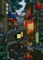 bar_(place) bench bottle bucket bush can curtains highres industrial_pipe lantern mop no_humans original outdoors painting_(object) paper_lantern photo_(object) pixel_art railing reflection reflective_water sign snow stairs table tree waneella water